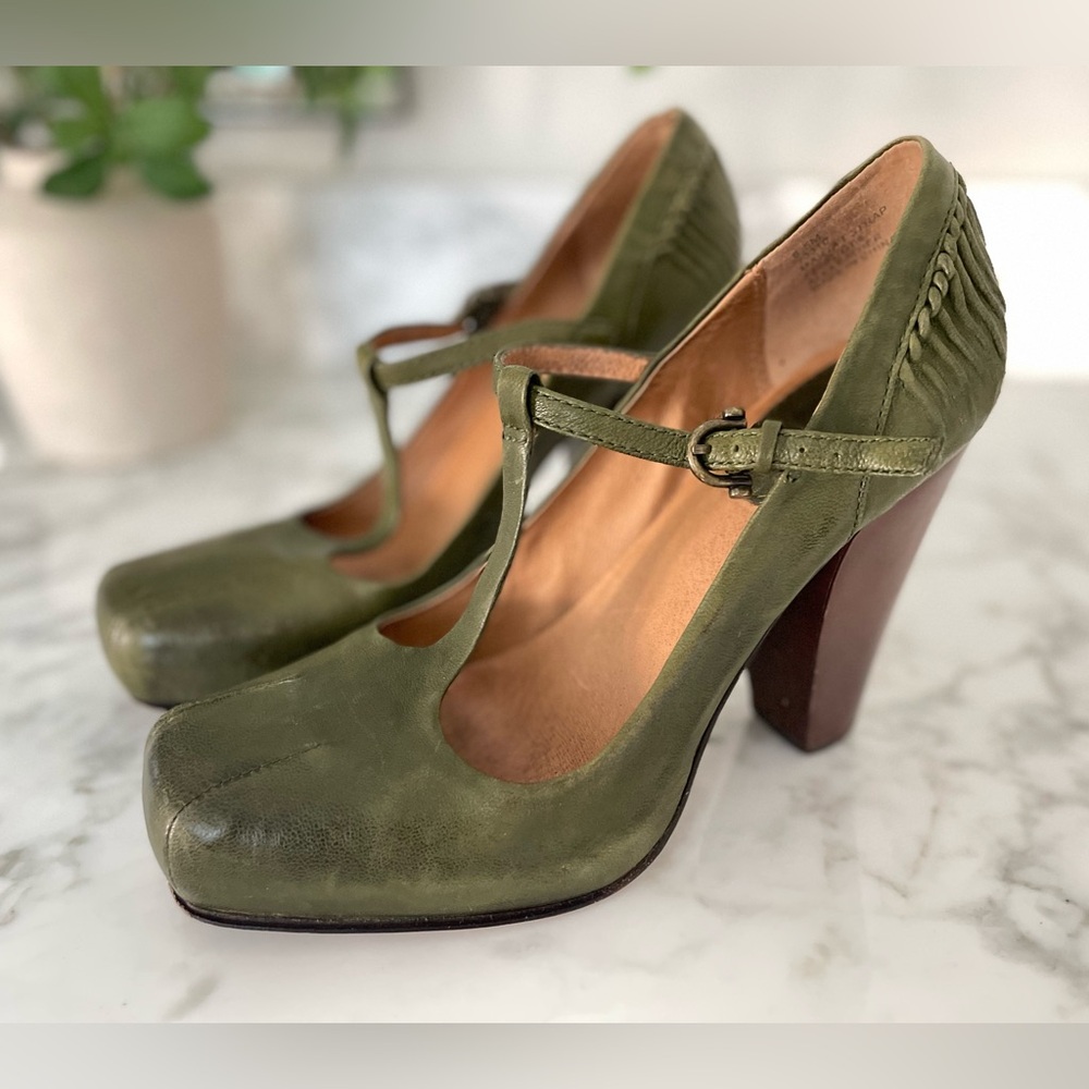 Frye Olive Green T-Strap Leather Heels